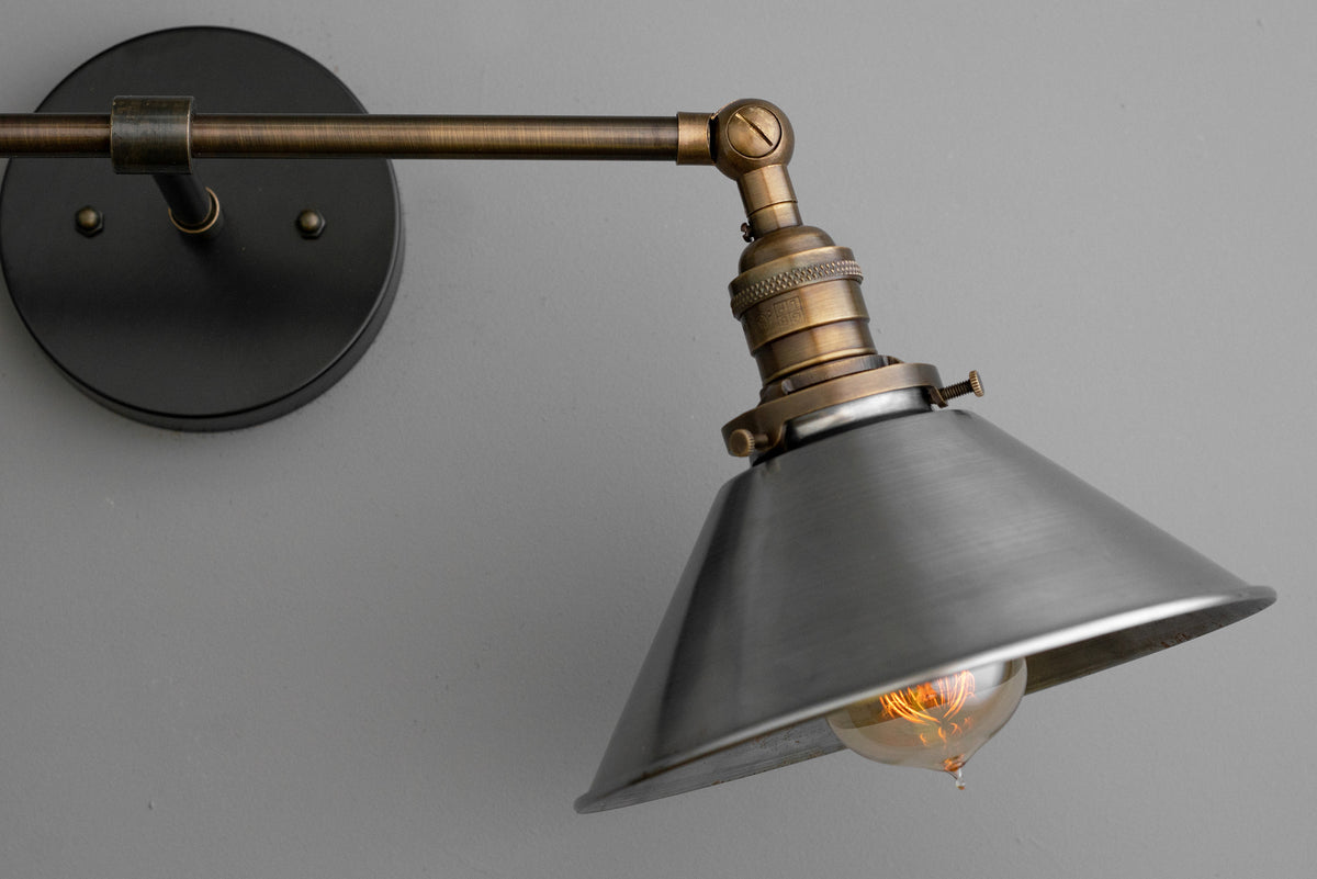 Industrial-style black metal vanity light with conical shade and exposed bulb. - VANITY LIGHT MODEL NO. 0799