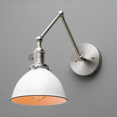 Adjustable industrial wall sconce with white metal shade and brushed nickel finish. - SCONCE MODEL NO. 8551