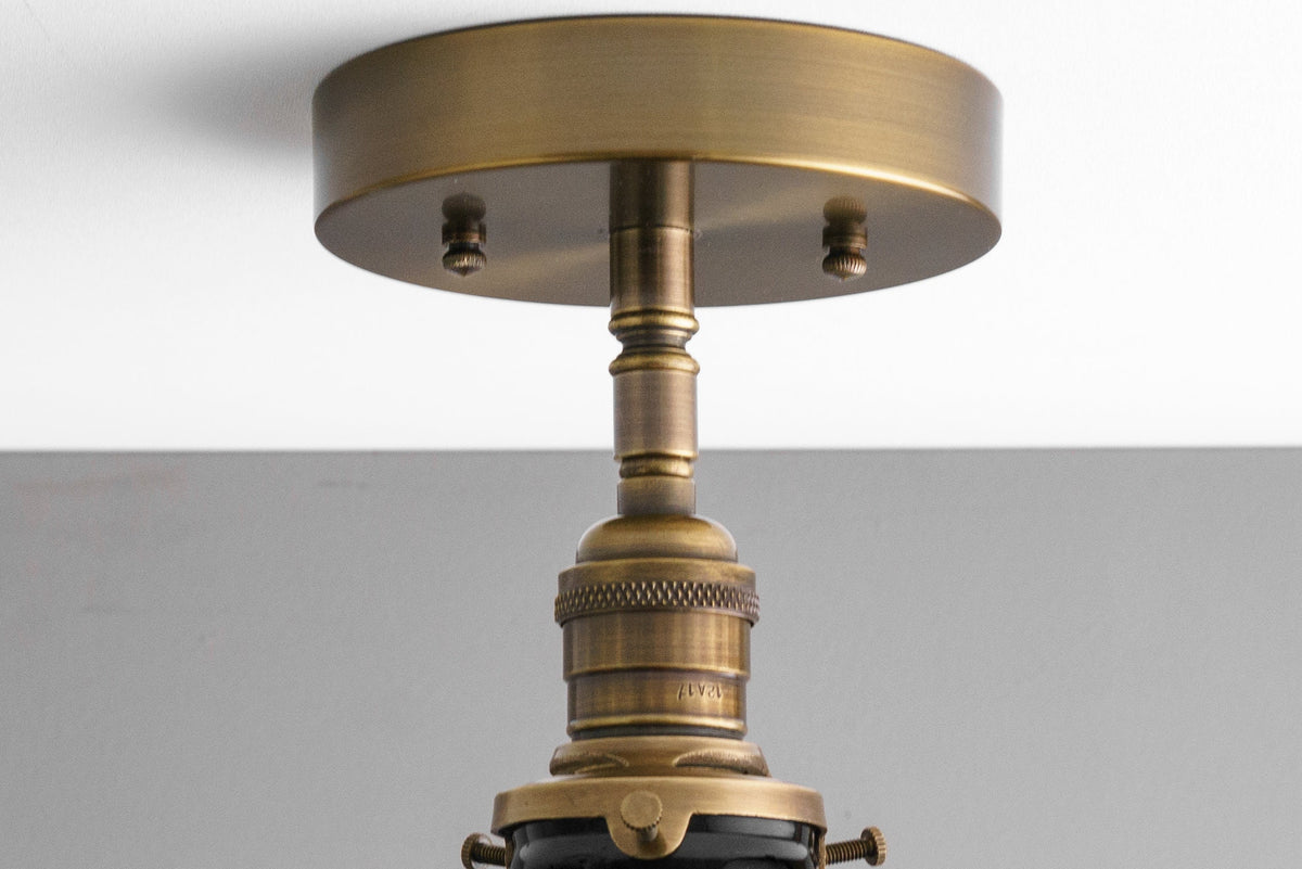 Antique brass semi-flush ceiling light fixture with detailed metalwork and a round base. - CEILING LIGHT MODEL NO. 8744