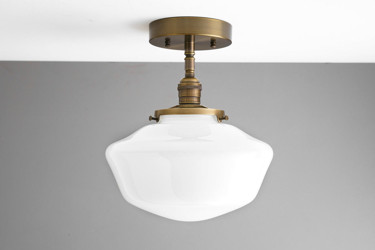 Semi-flush antique brass ceiling light with curved white glass globe shade. - CEILING LIGHT MODEL NO. 9512