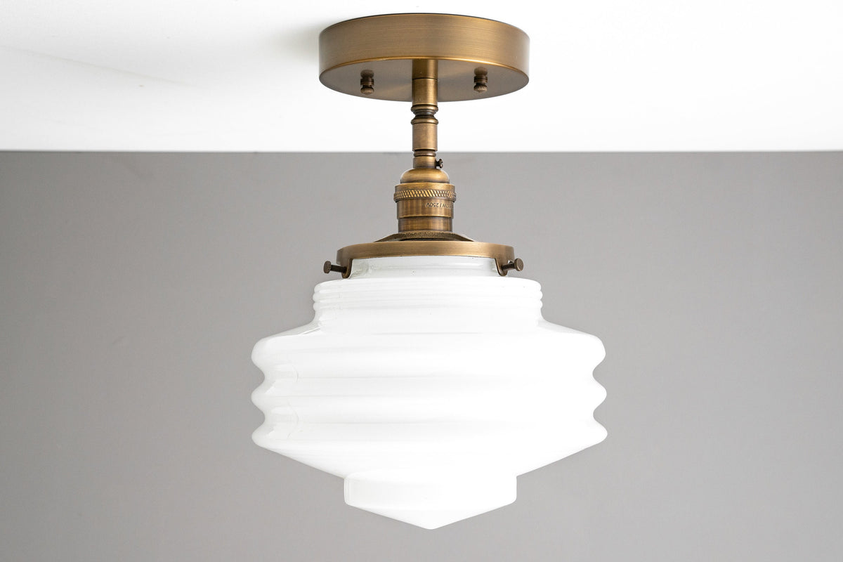 Semi-flush antique brass ceiling light with tiered white glass globe shade. - CEILING LIGHT MODEL NO. 8744