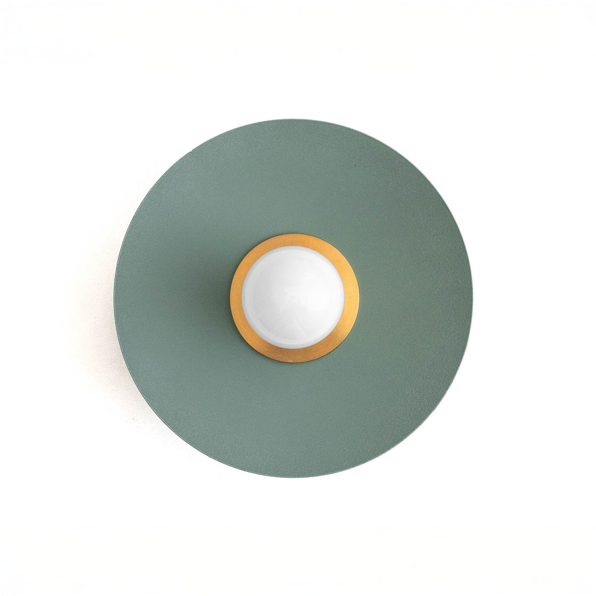 Raw brass Scandinavian sconce with a green matte metal shade and exposed round bulb. - SCONCE MODEL NO. 9660