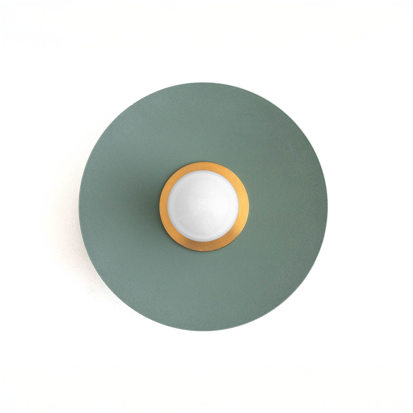 Raw brass Scandinavian sconce with a green matte metal shade and exposed round bulb. - SCONCE MODEL NO. 9660