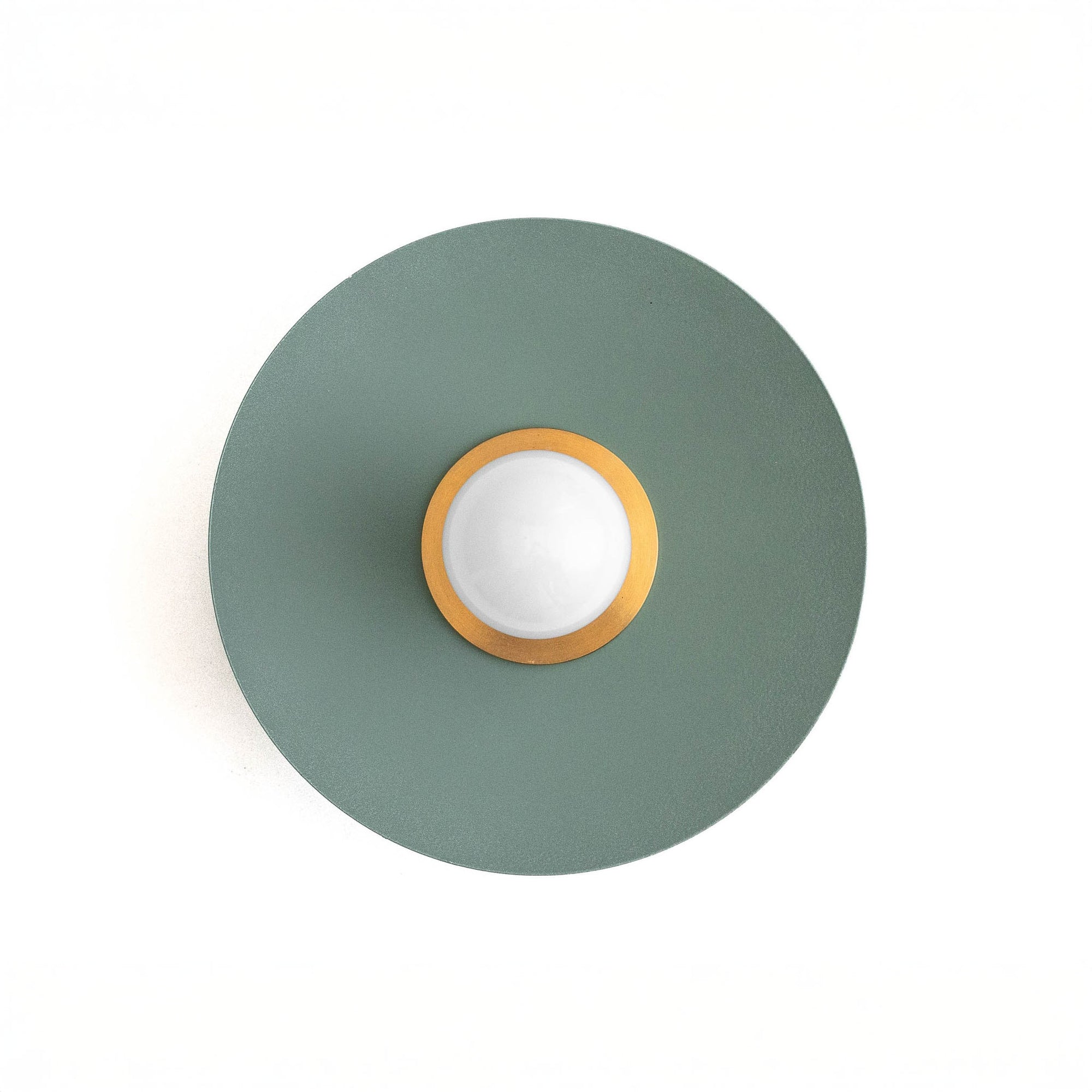 Raw brass Scandinavian sconce with a green matte metal shade and exposed round bulb. - SCONCE MODEL NO. 9660