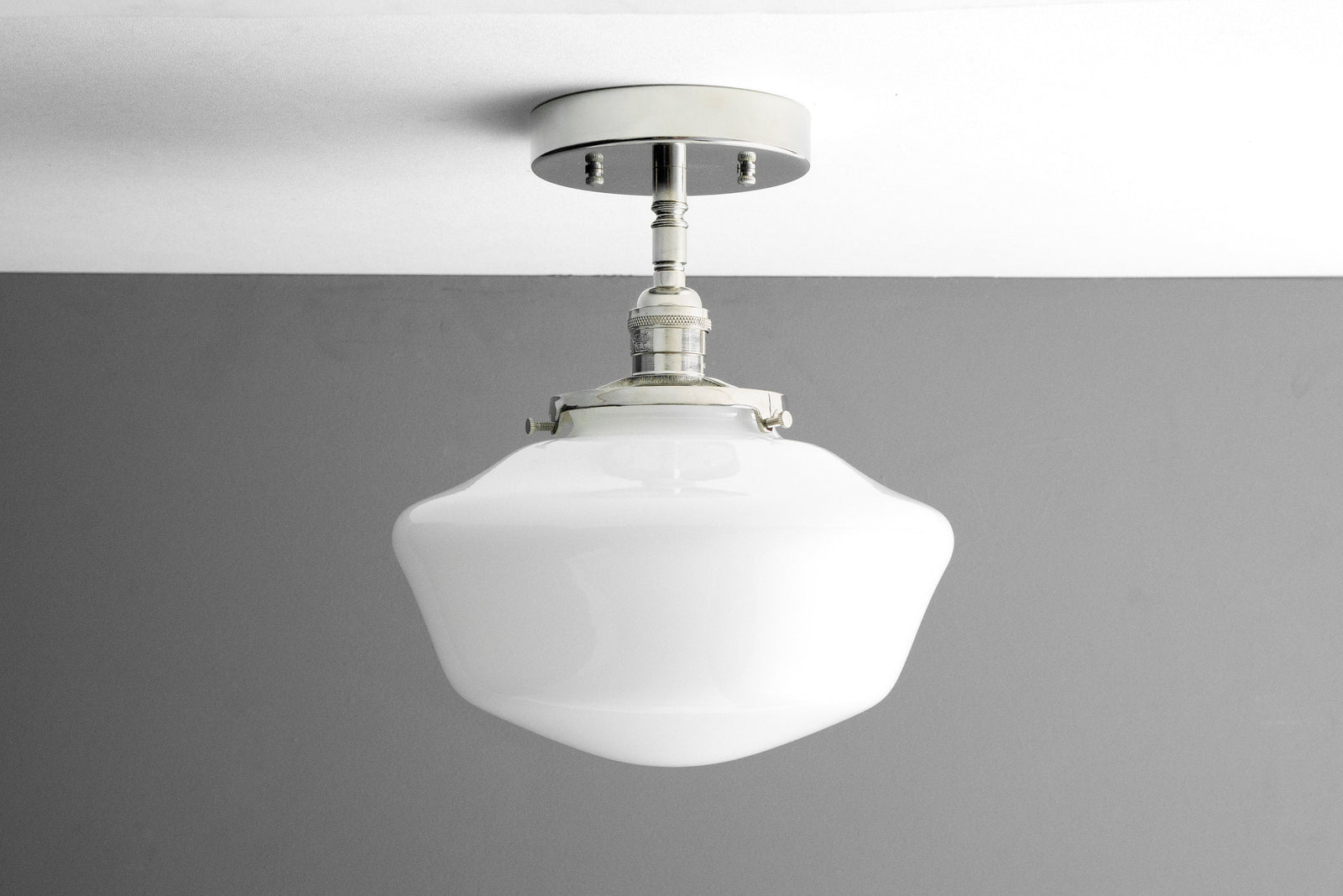 Mid-century modern semi-flush ceiling light with white globe shade and brushed nickel finish. - CEILING LIGHT MODEL NO. 9512