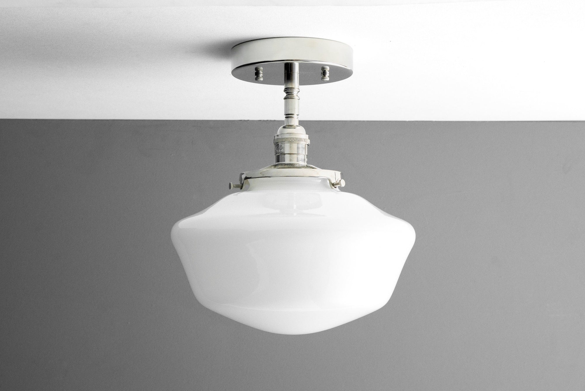 Mid-century modern semi-flush ceiling light with white globe shade and brushed nickel finish. - CEILING LIGHT MODEL NO. 9512