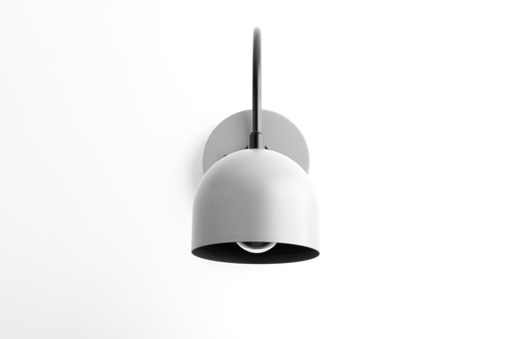 Matte gray mid-century modern semi-flush wall sconce with rounded shade and black arm. - SCONCE MODEL NO. 8586