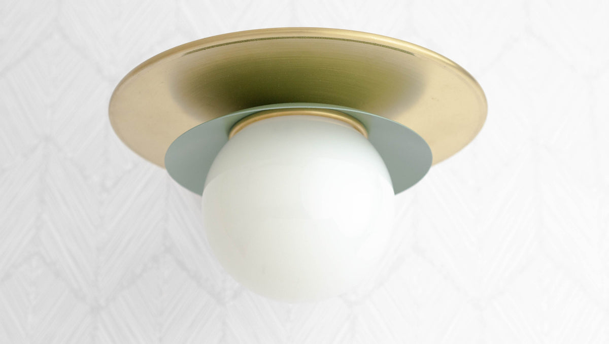 Semi-flush ceiling light with raw brass disc and white frosted glass globe shade. - CEILING LIGHT MODEL NO. 5368