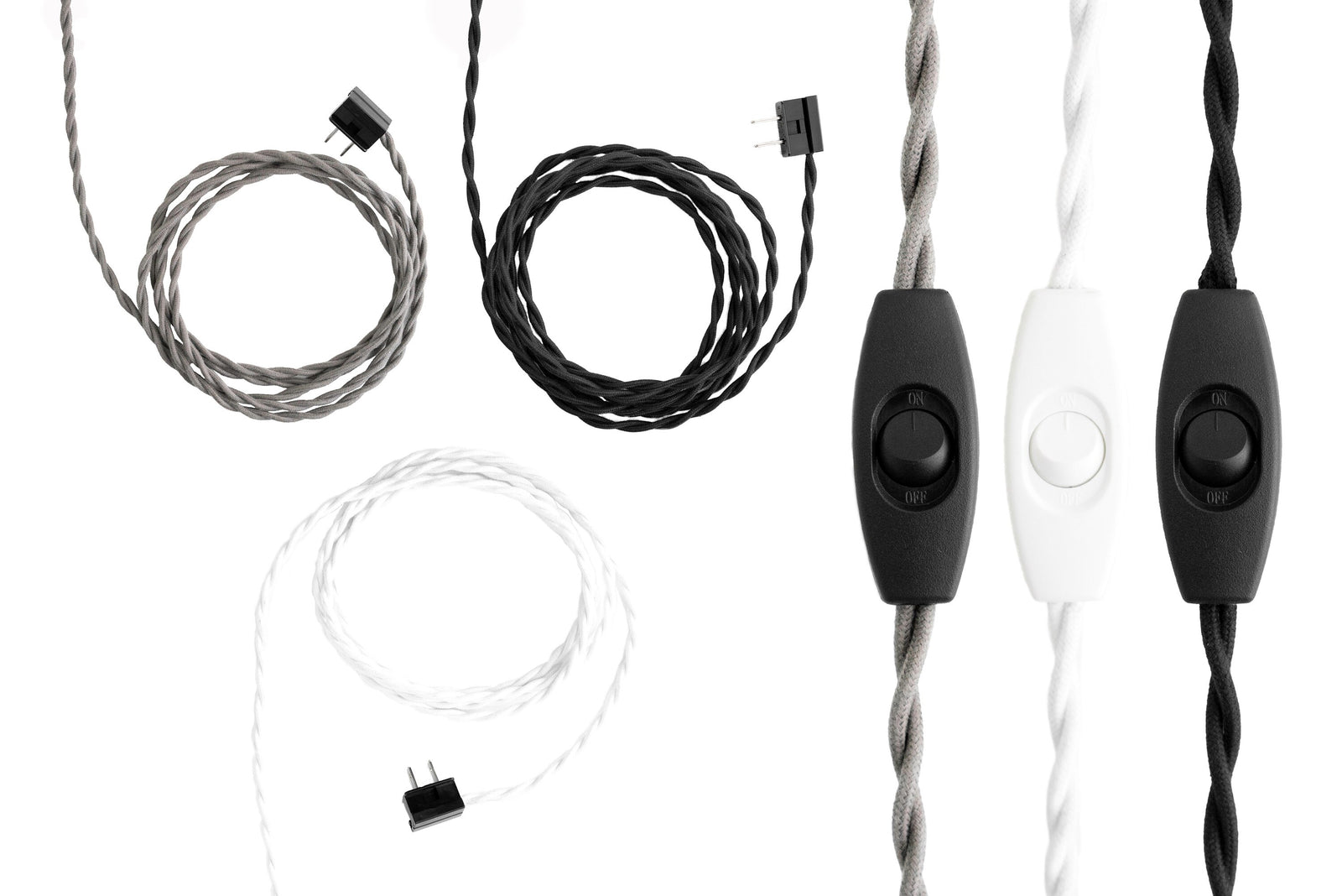 Three twisted plug-in cords with inline on/off switches in transparent, white, and black colors displayed side by side. - SCONCE MODEL NO. 5719