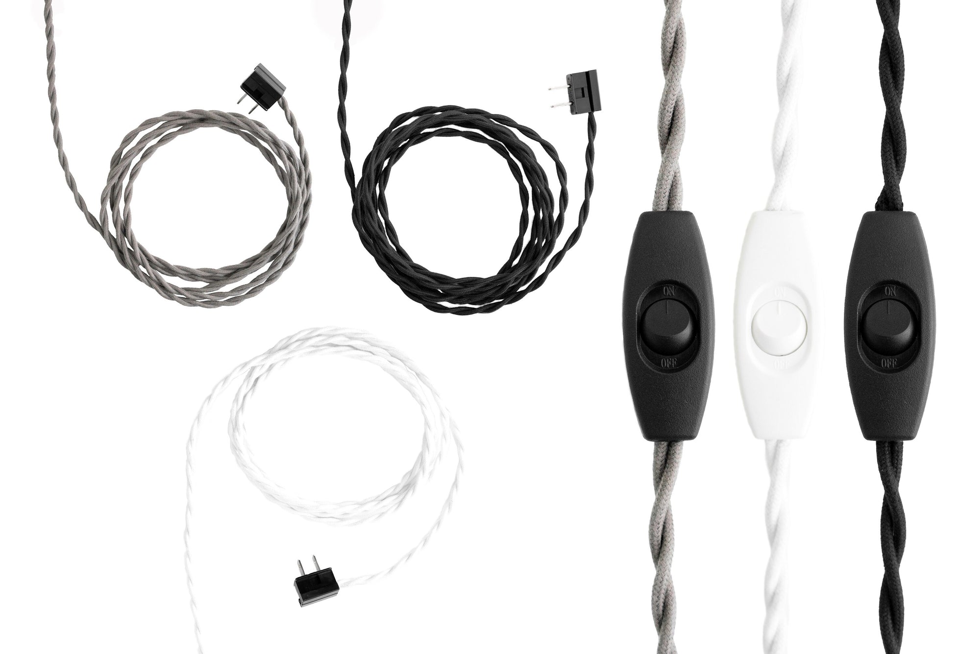 Black, white, and gray twisted plug-in cords with inline on/off switches in matching colors. - SCONCE MODEL NO. 5719