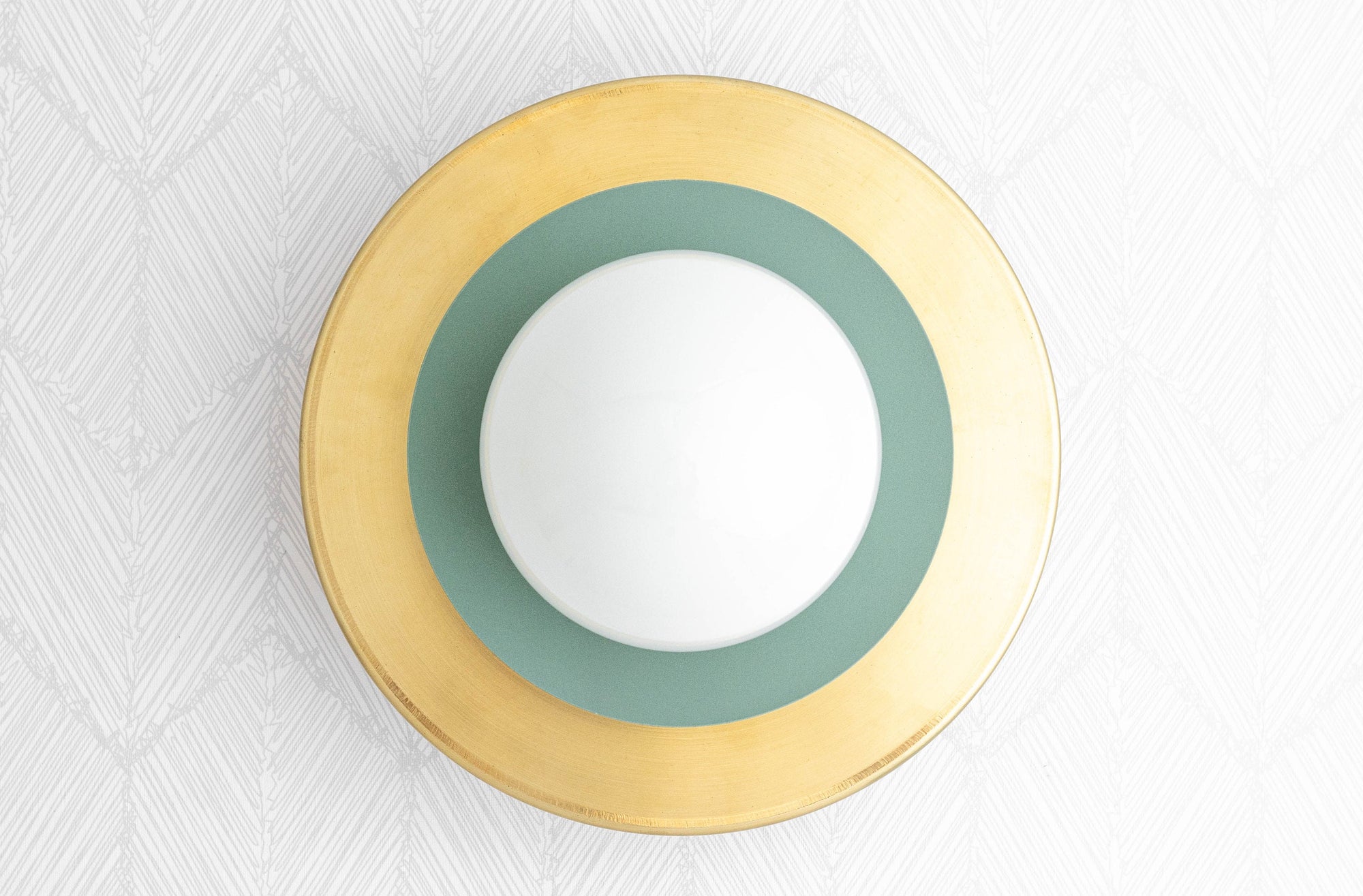Semi-flush ceiling light with matte white globe, green ring, and brushed brass base on white textured wall. - CEILING LIGHT MODEL NO. 5368