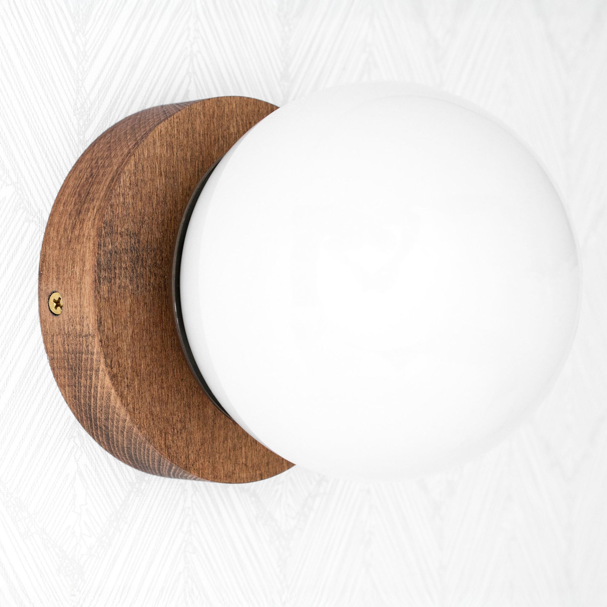 Scandinavian wall sconce with oak wood base and white frosted glass globe shade. - SCONCE MODEL NO. 5719