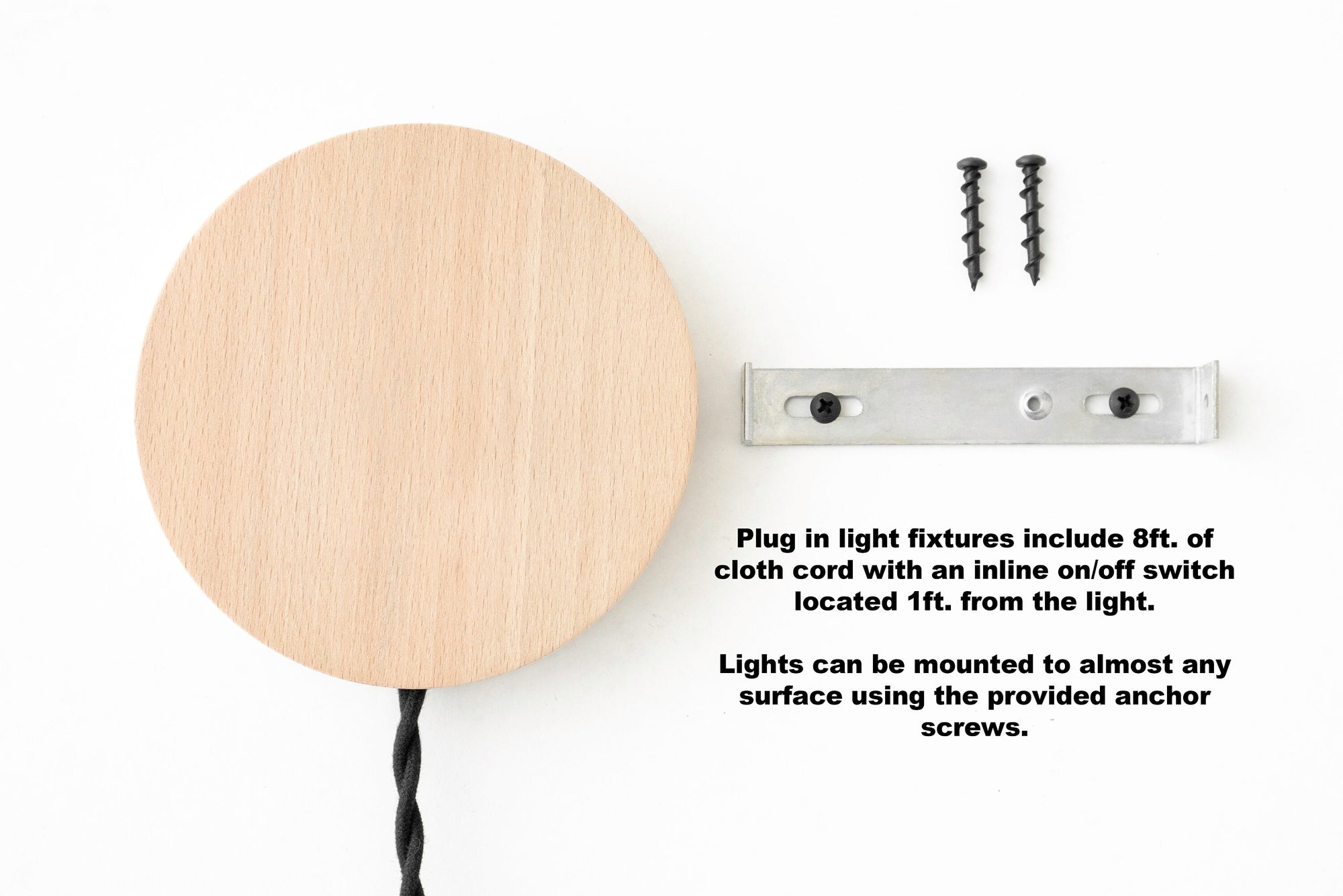 Round natural wood wall sconce backplate with mounting screws and white cloth-covered power cord. - SCONCE MODEL NO. 5719
