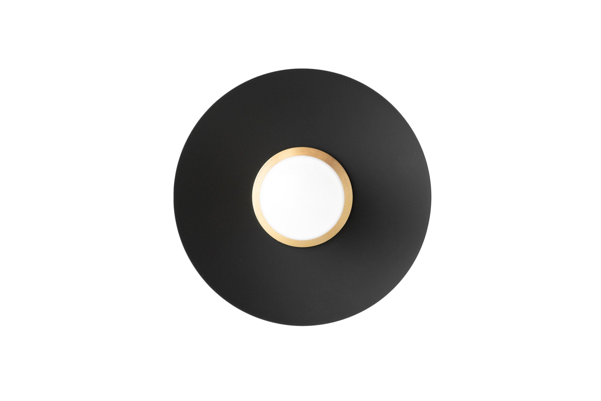 Black round flush mount sconce with a raw brass center and exposed bulb design. - SCONCE MODEL NO. 9660