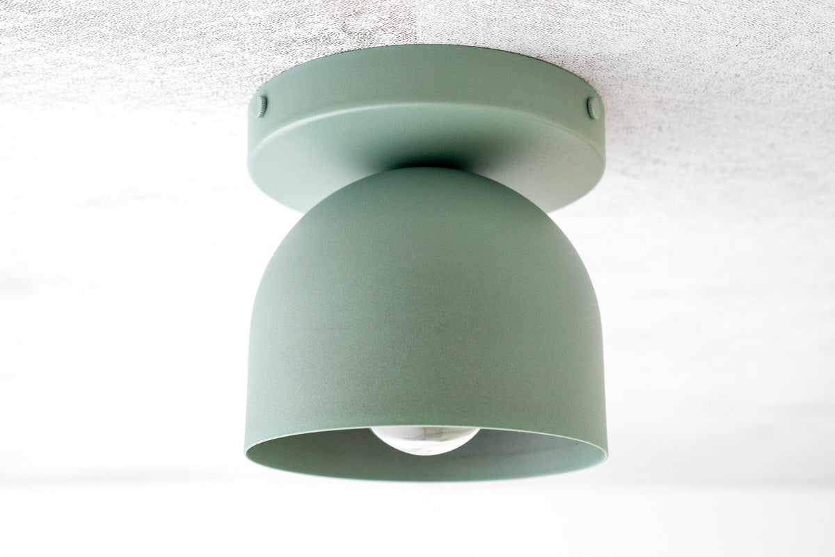 Matte green flush mount ceiling light with rounded deep bell shade and visible bulb. - CEILING LIGHT MODEL NO. 1107