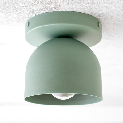 Matte sage green Scandinavian flush mount ceiling light with dome-shaped shade and exposed bulb. - CEILING LIGHT MODEL NO. 1107