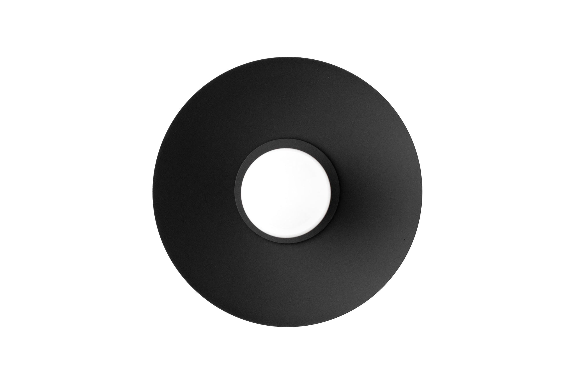 Round matte black metal sconce with a central circular opening for a bare bulb light fixture. - SCONCE MODEL NO. 9660