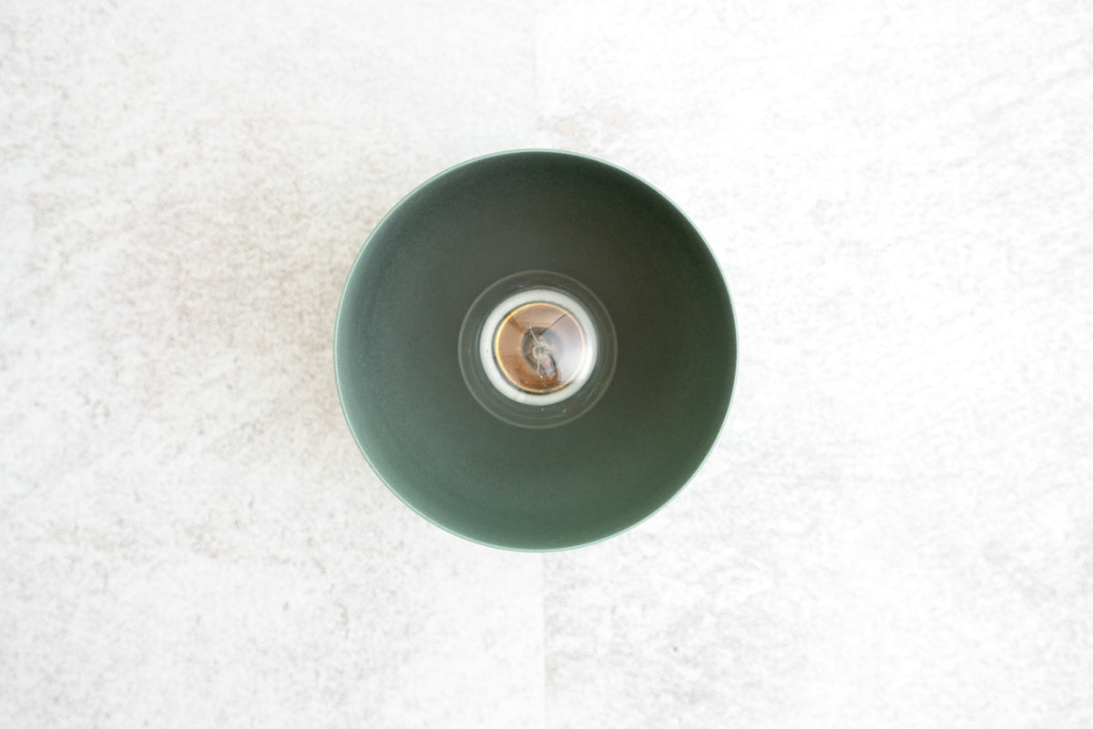 Round green flush mount ceiling light with smooth matte shade and exposed bulb. - CEILING LIGHT MODEL NO. 1107