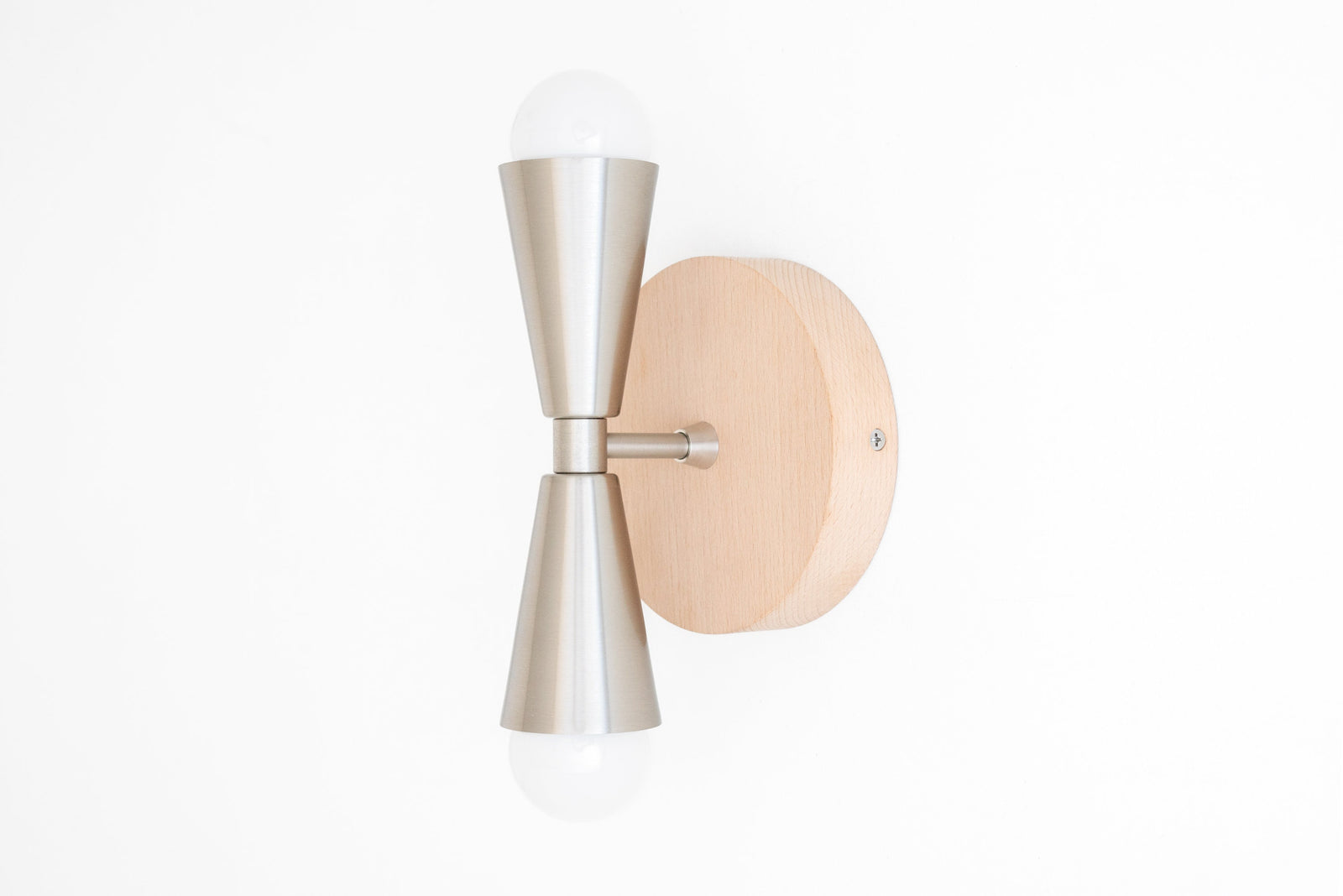 Scandinavian-style wall sconce with natural beechwood base and brushed nickel double cone light fixtures. - SCONCE MODEL NO. 4717