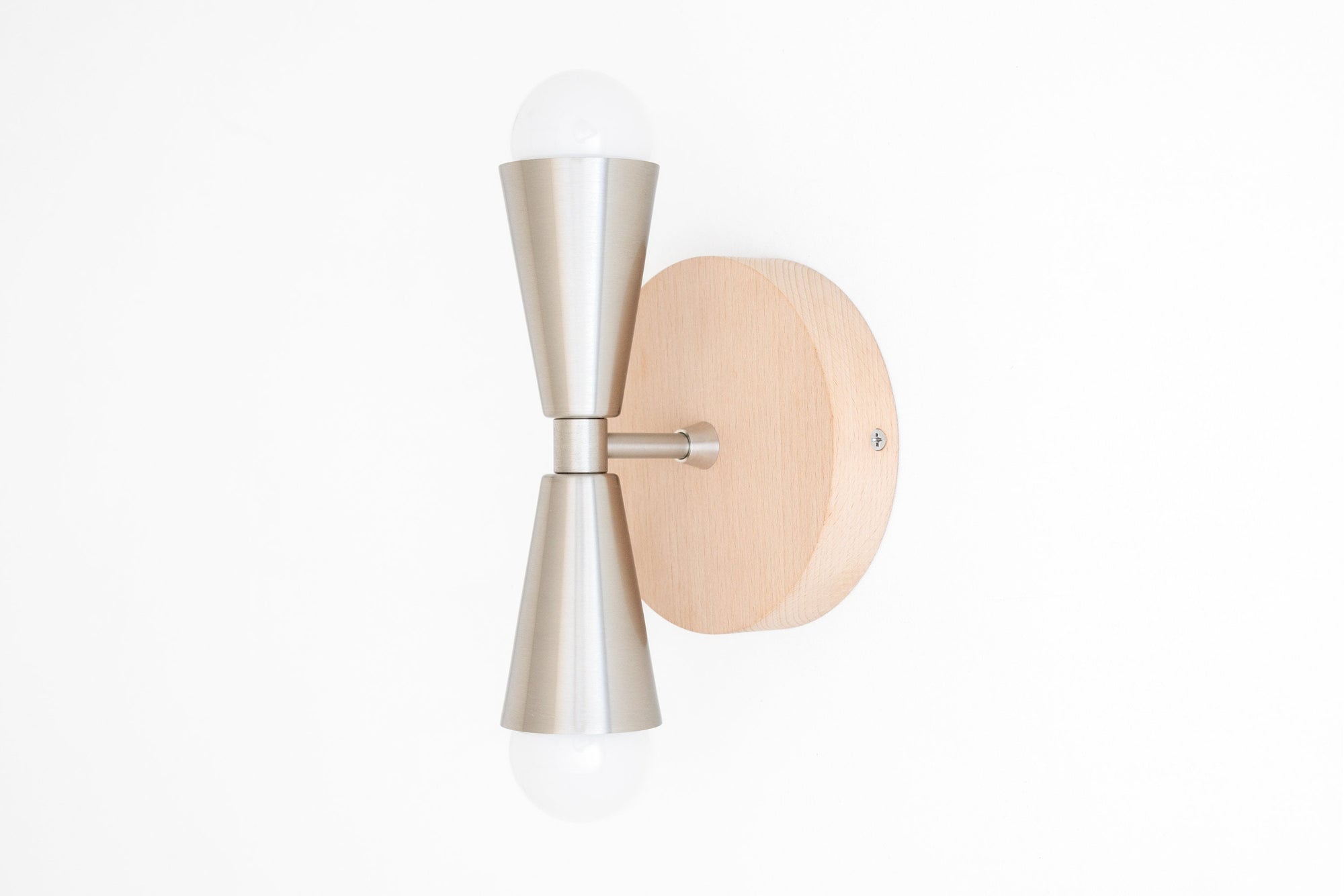 Scandinavian-style wall sconce with natural beechwood base and brushed nickel double cone light fixtures. - SCONCE MODEL NO. 4717