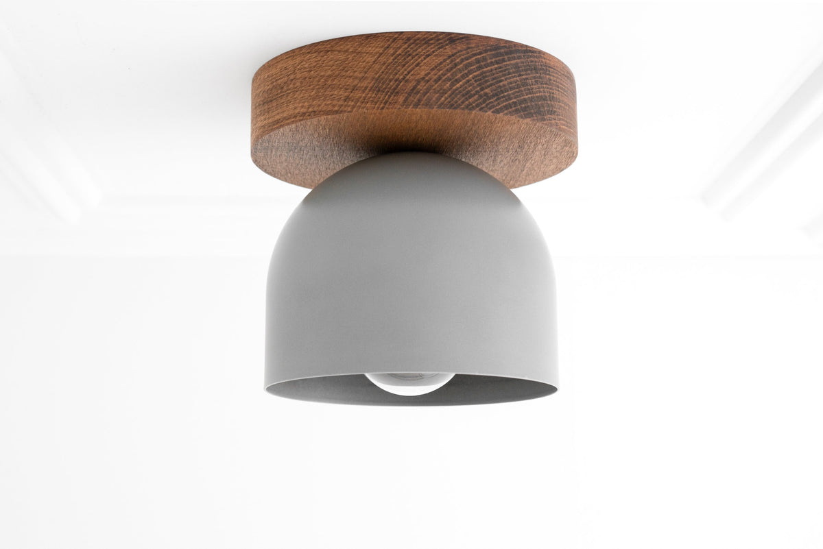 Flush mount ceiling light with oak wood base and smooth gray dome shade. - CEILING LIGHT MODEL NO. 1107