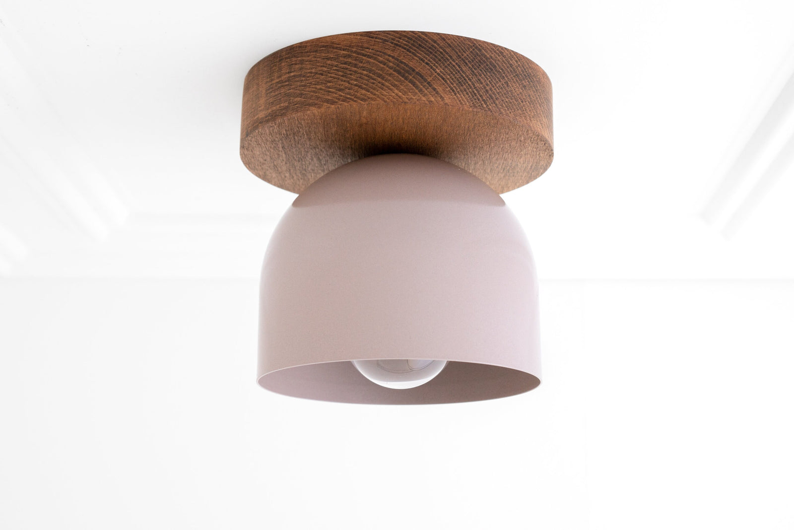 Flush mount ceiling light with oak wood base and smooth mauve dome shade. - CEILING LIGHT MODEL NO. 1107
