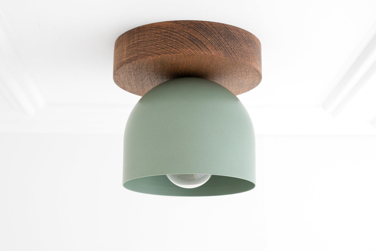 Flush mount ceiling light with oak wood base and matte sage green shade. - CEILING LIGHT MODEL NO. 1107