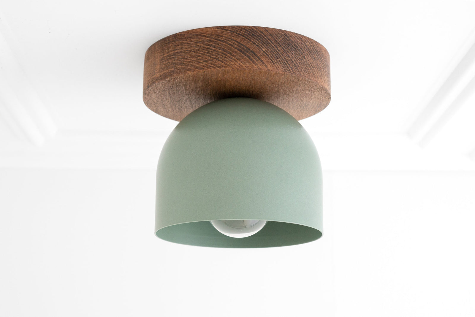 Flush mount ceiling light with oak wood base and matte sage green shade. - CEILING LIGHT MODEL NO. 1107