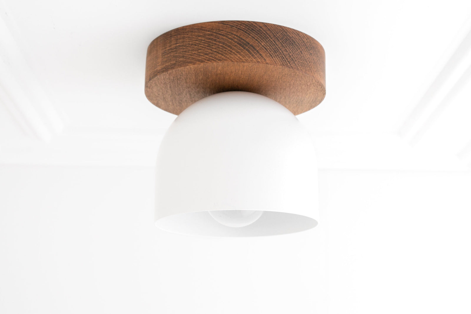 Flush mount ceiling light with matte white dome shade and natural oak wood base. - CEILING LIGHT MODEL NO. 1107