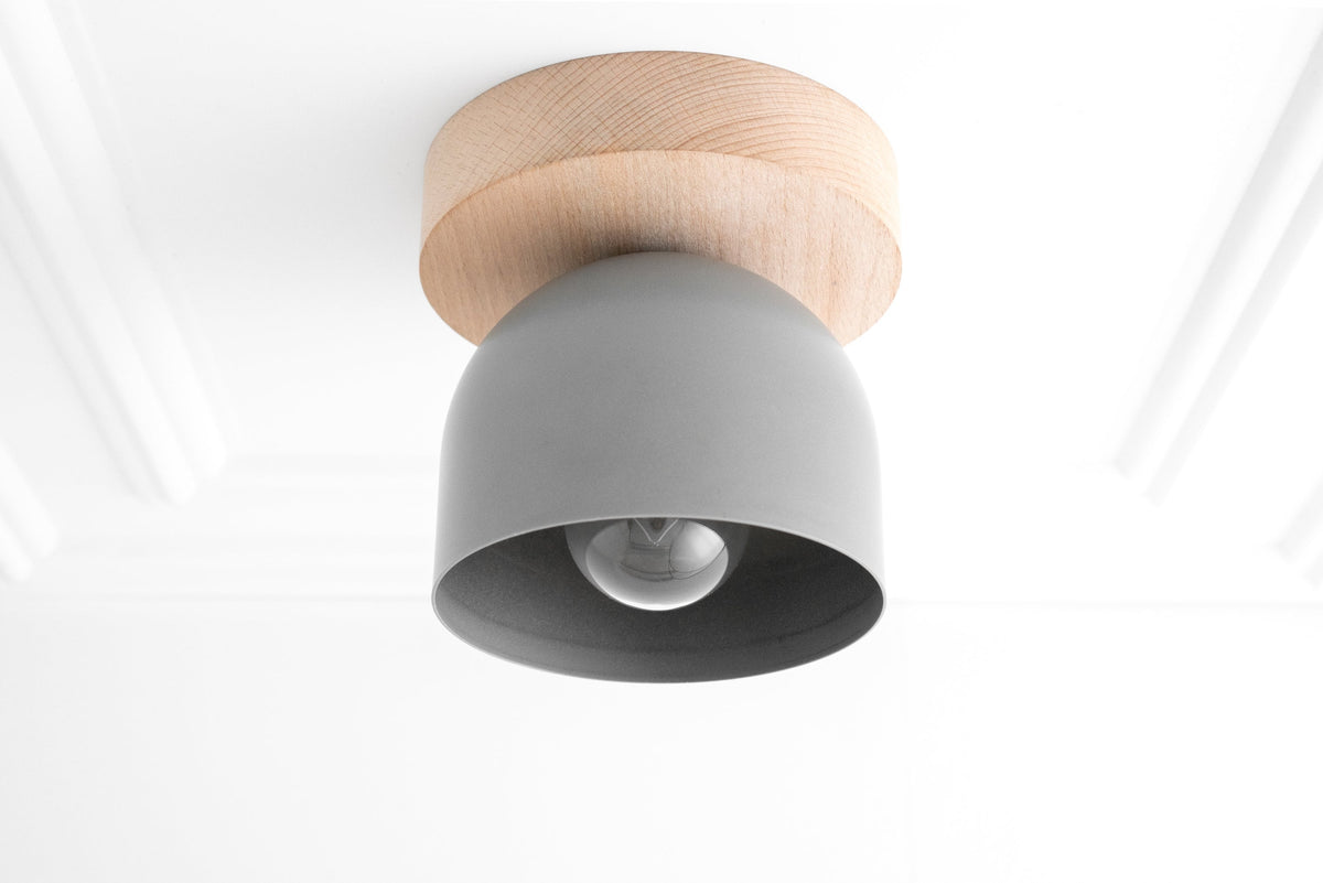 Flush mount ceiling light with matte gray dome shade and natural beechwood base. - CEILING LIGHT MODEL NO. 1107