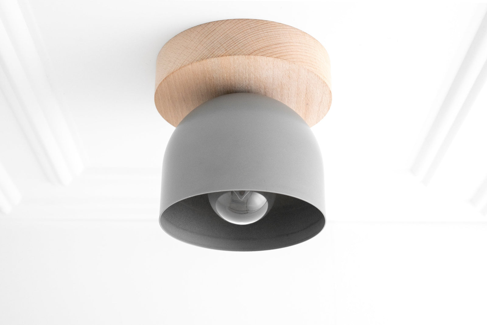 Flush mount ceiling light with matte gray dome shade and natural beechwood base. - CEILING LIGHT MODEL NO. 1107