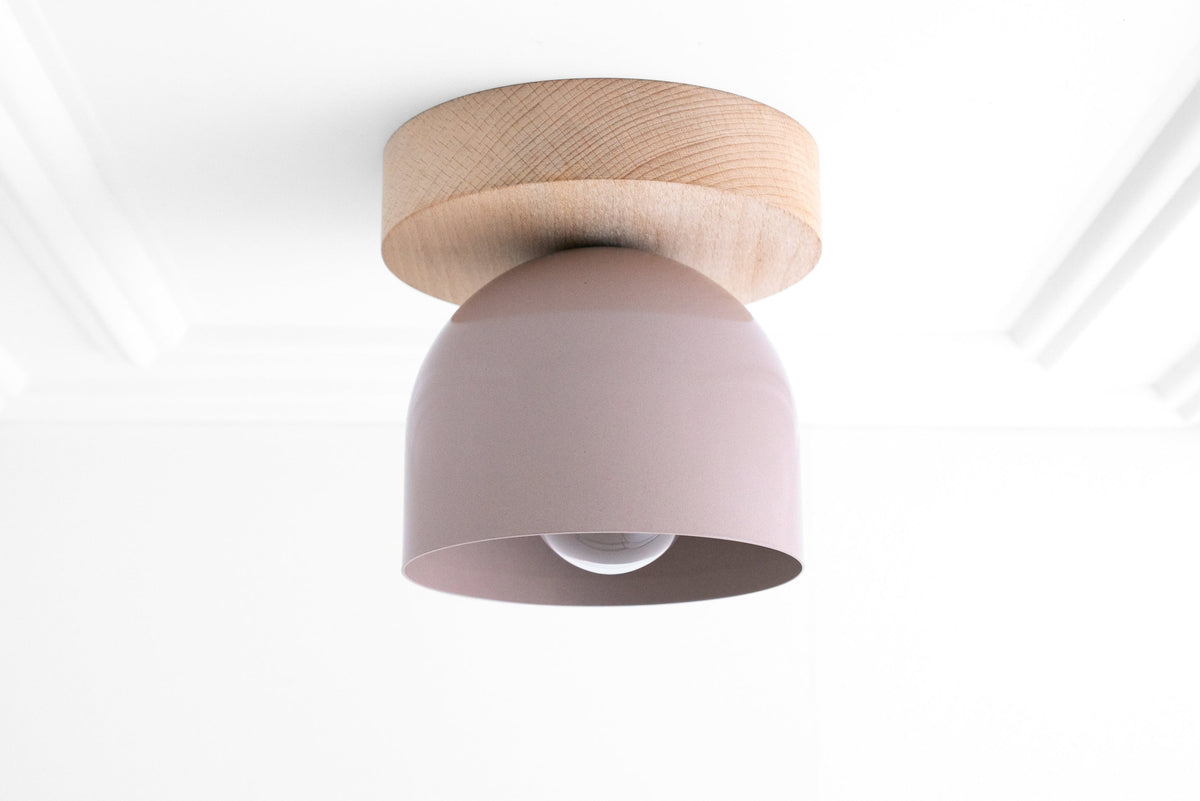 Flush mount ceiling light with mauve rounded shade and natural beechwood mount. - CEILING LIGHT MODEL NO. 1107