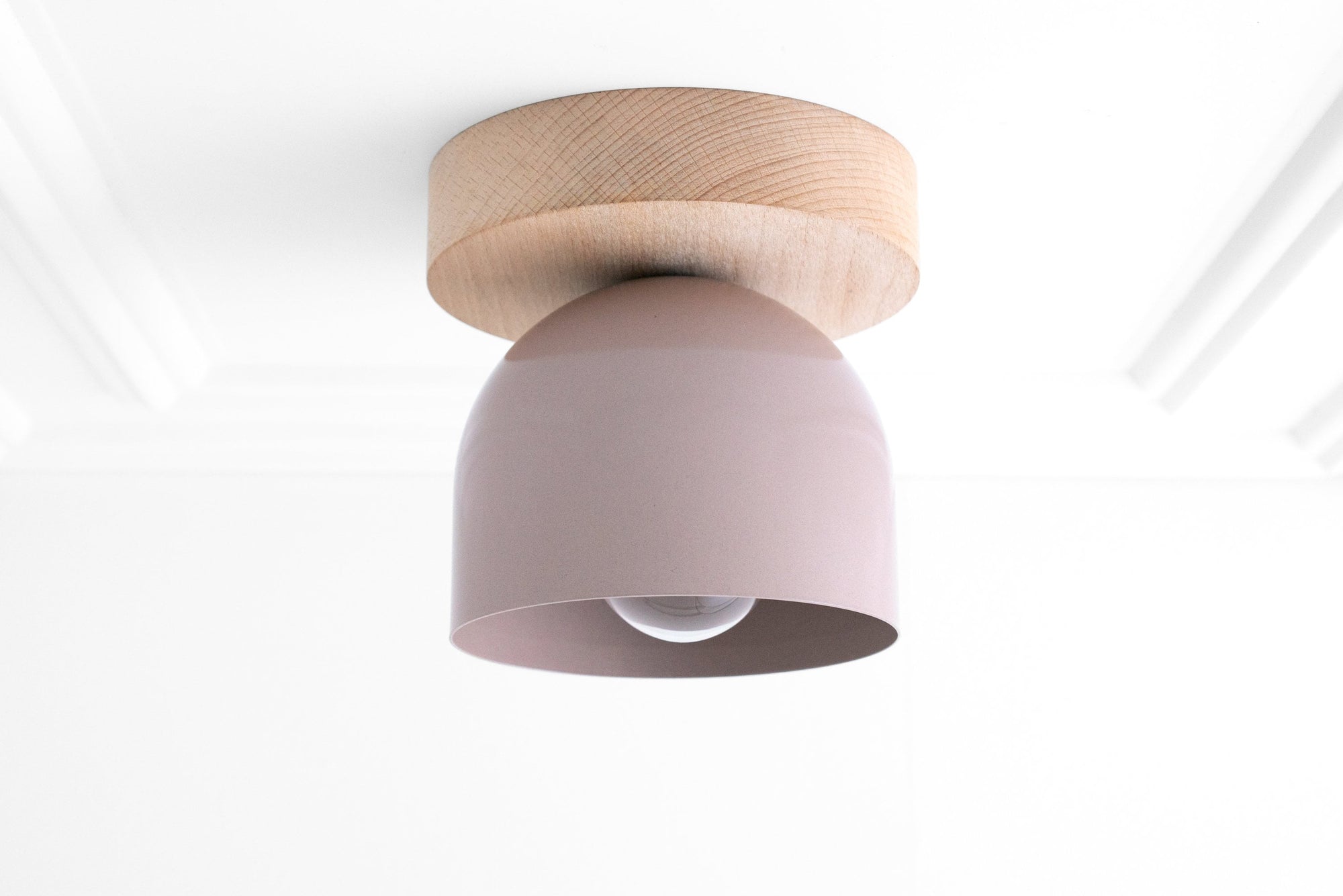 Flush mount ceiling light with mauve rounded shade and natural beechwood mount. - CEILING LIGHT MODEL NO. 1107