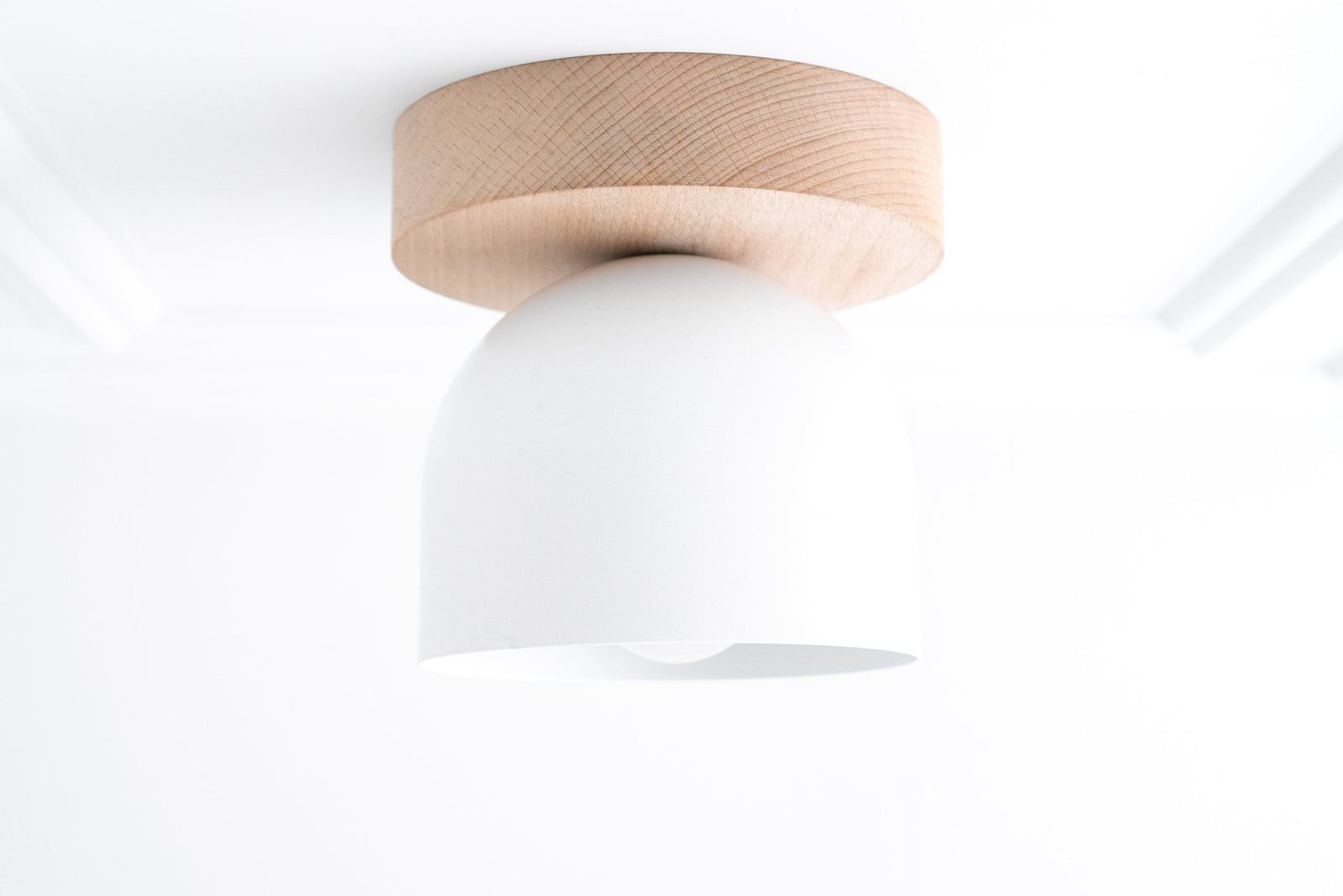 Flush mount ceiling light with smooth white shade and natural beechwood base. - CEILING LIGHT MODEL NO. 1107