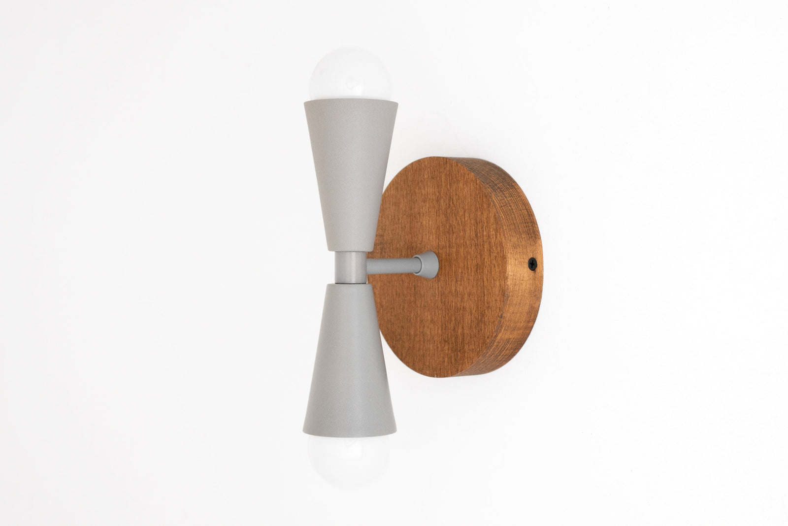 Scandinavian style wall sconce with oak base and two gray matte metal shades, bare bulb design. - SCONCE MODEL NO. 4717