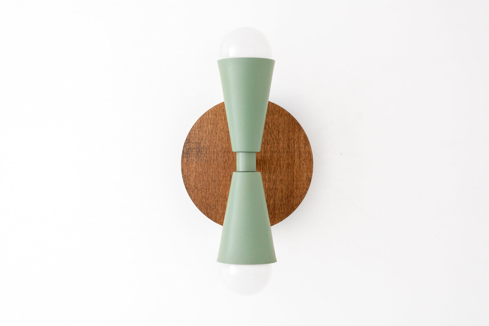 Scandinavian-style wall sconce with natural oak round base and matte green double cone shades with exposed bulbs top and. - SCONCE MODEL NO. 4717