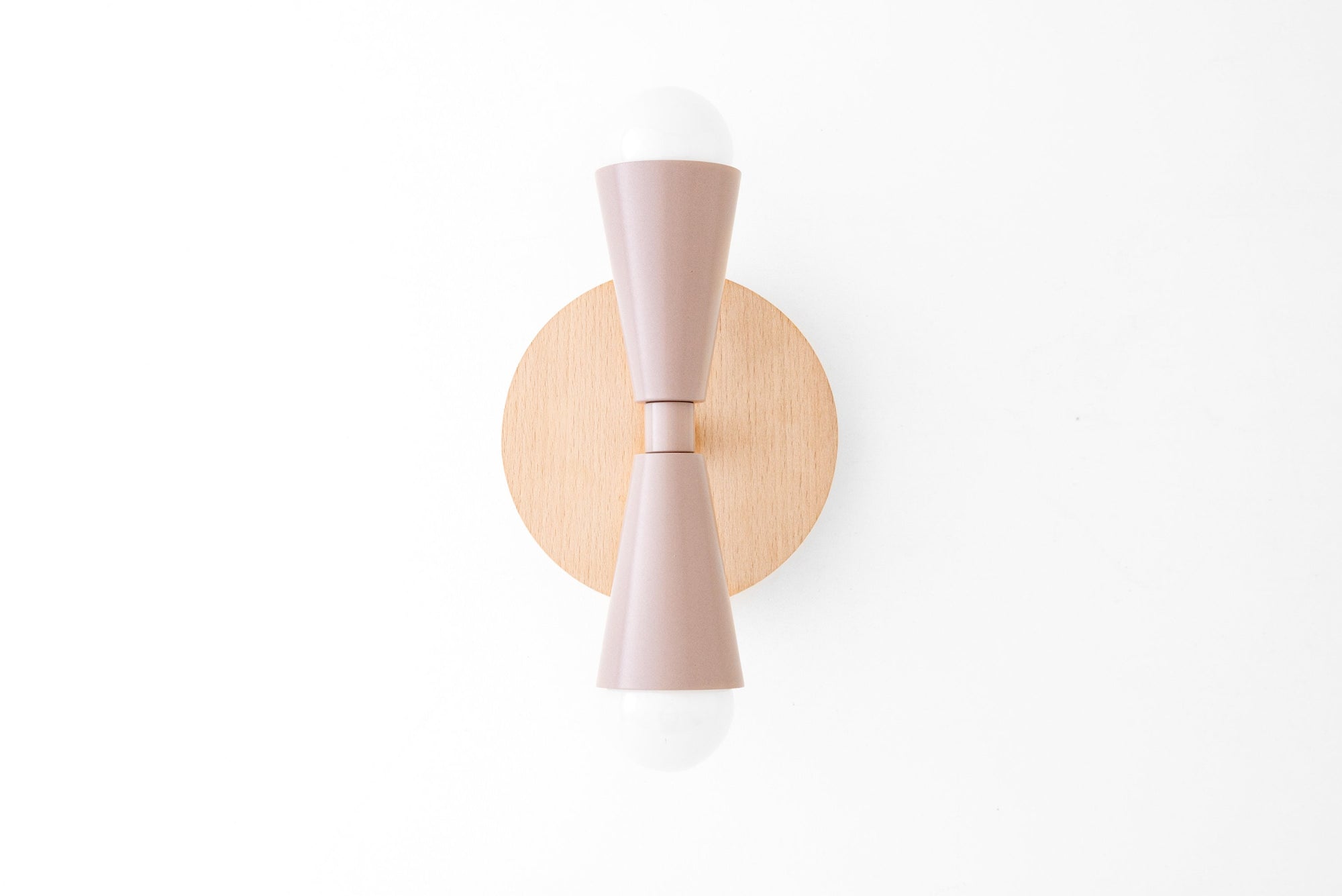 Scandinavian-style wall sconce in mauve with natural beechwood round base and two exposed bulbs. - SCONCE MODEL NO. 4717