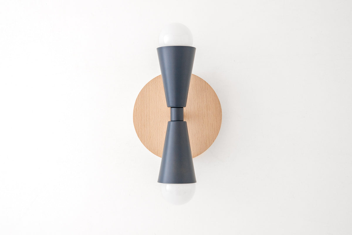 Semi-flush Beechwood sconce with matte gray double cone shade and exposed bulbs. - SCONCE MODEL NO. 4717