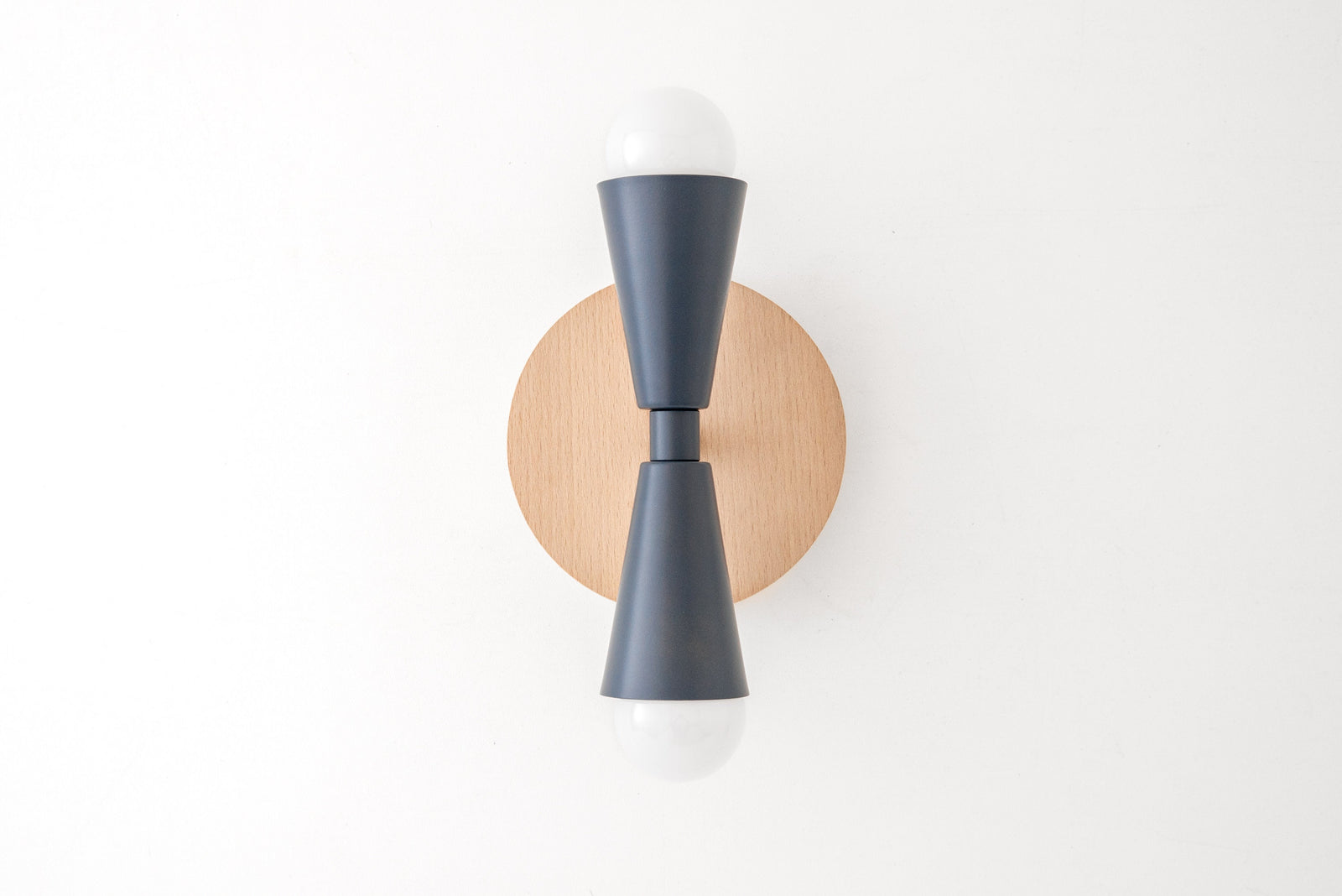 Semi-flush Beechwood sconce with matte gray double cone shade and exposed bulbs. - SCONCE MODEL NO. 4717