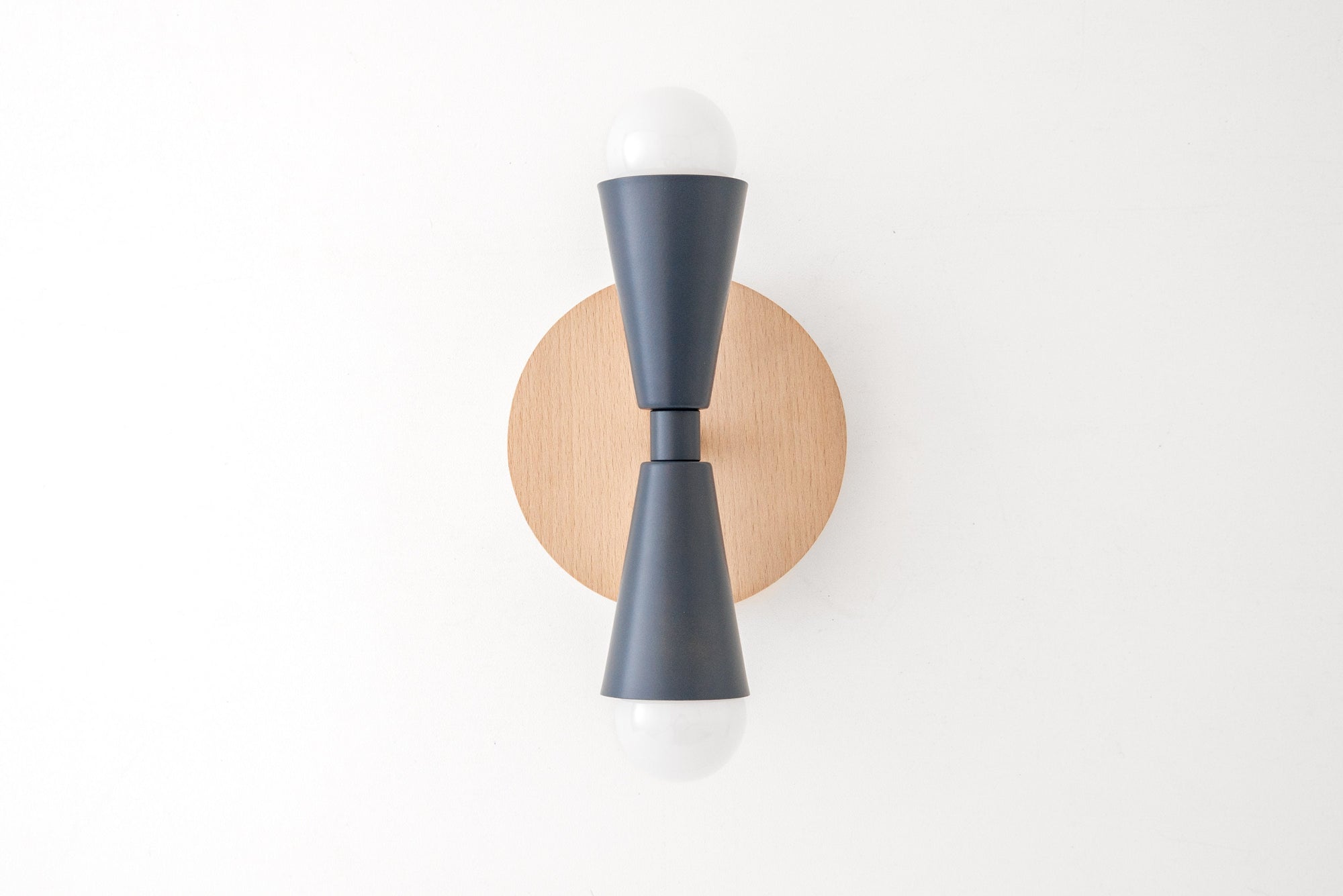 Semi-flush Beechwood sconce with matte gray double cone shade and exposed bulbs. - SCONCE MODEL NO. 4717