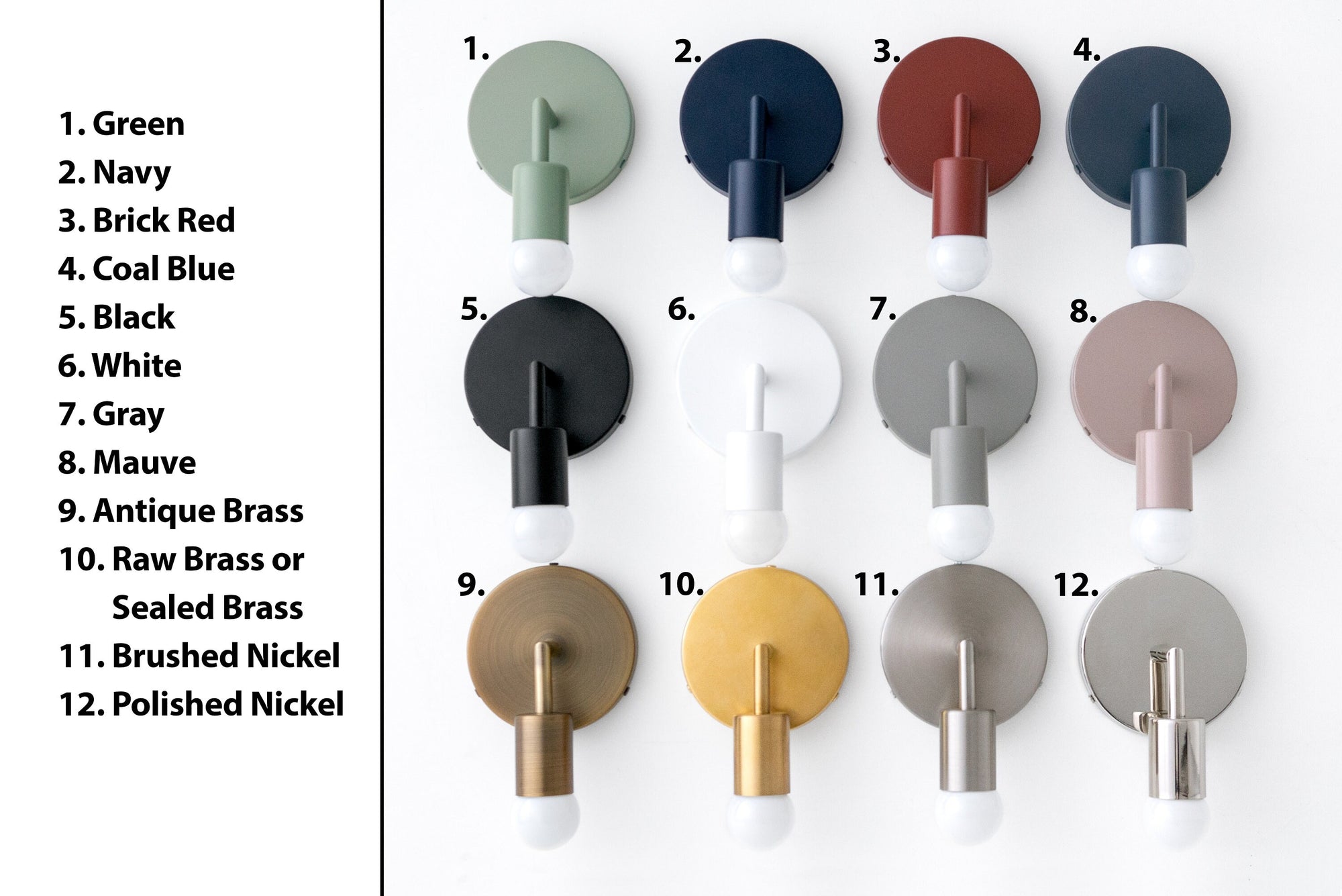 Twelve Scandinavian-style bare bulb sconces in twelve colors including green, navy, brick red, coal blue, black, white,. - SCONCE MODEL NO. 5480