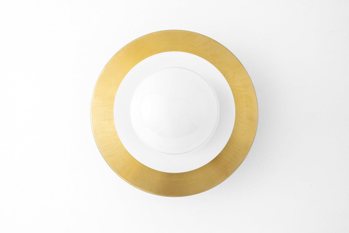 Semi-flush ceiling light with white globe and wide raw brass circular frame. - CEILING LIGHT MODEL NO. 5368