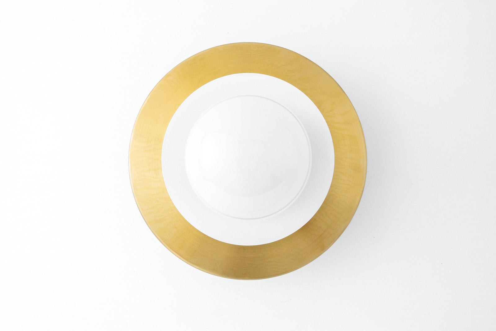 Semi-flush ceiling light with white globe and wide raw brass circular frame. - CEILING LIGHT MODEL NO. 5368