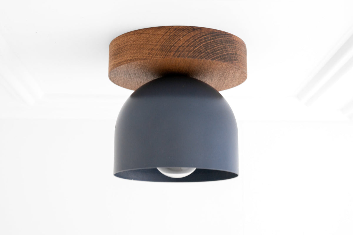 Flush mount ceiling light with matte black shade and natural oak wood base. - CEILING LIGHT MODEL NO. 1107