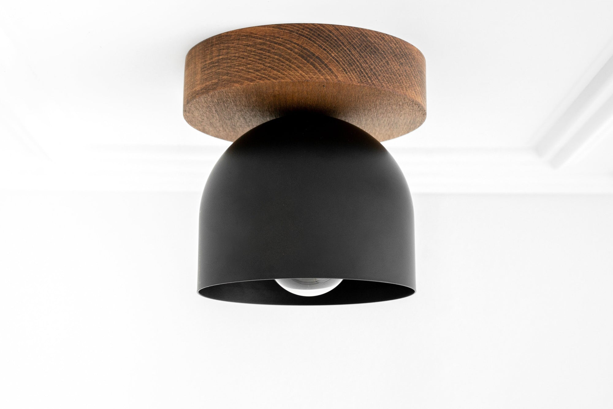 Flush mount ceiling light with matte black dome shade and natural oak wood base. - CEILING LIGHT MODEL NO. 1107