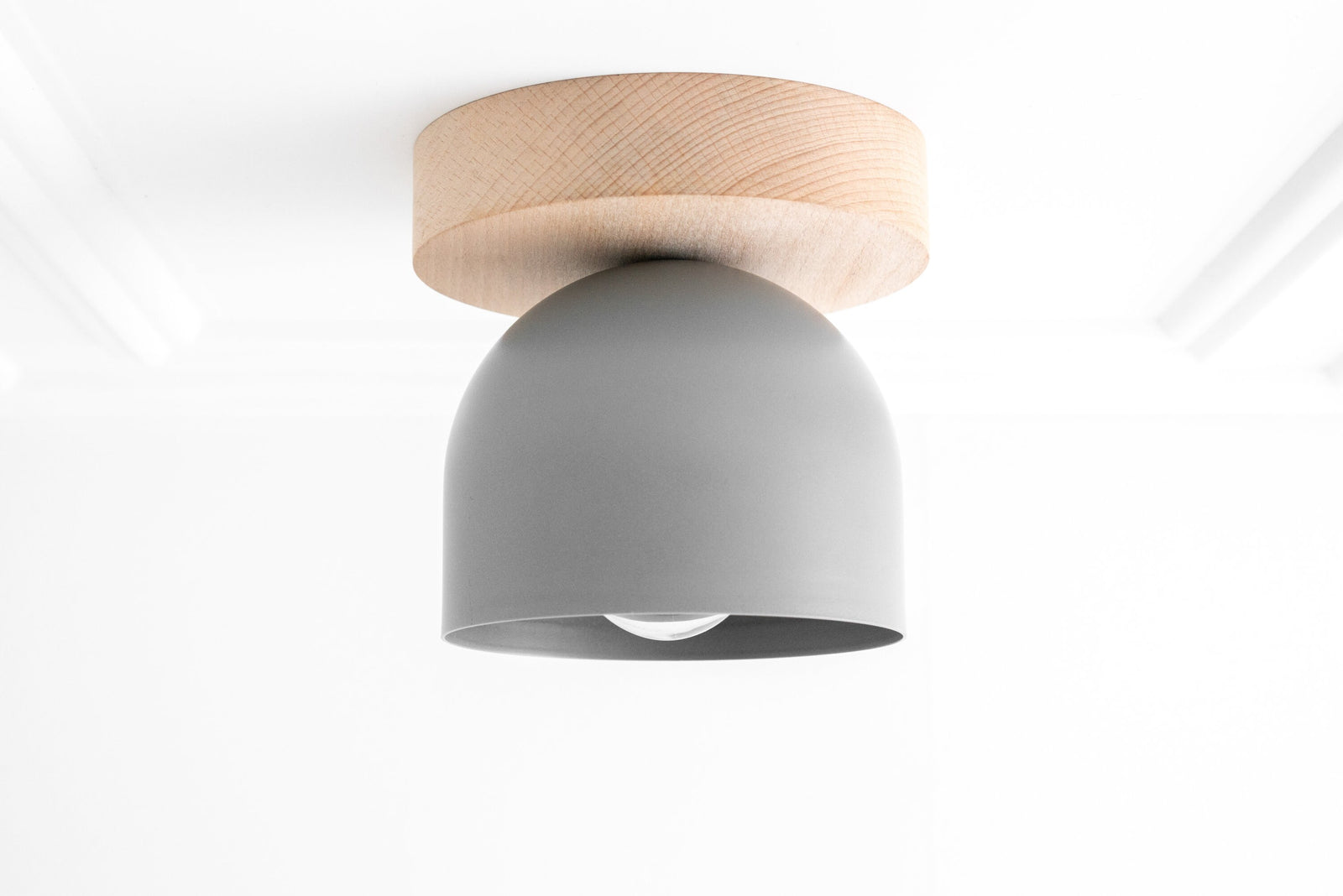 Flush mount ceiling light with smooth matte gray shade and natural beechwood base. - CEILING LIGHT MODEL NO. 1107
