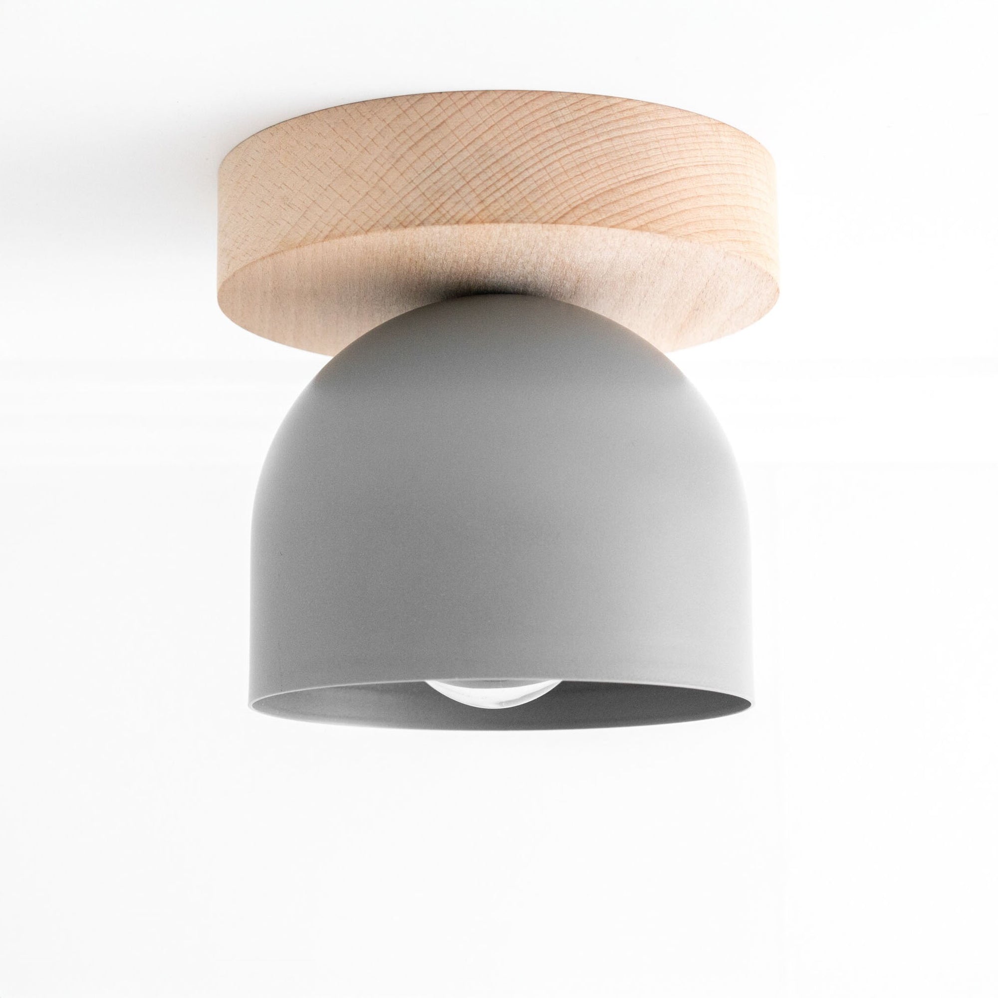 Flush mount ceiling light with matte gray dome shade and natural beechwood base. - CEILING LIGHT MODEL NO. 1107