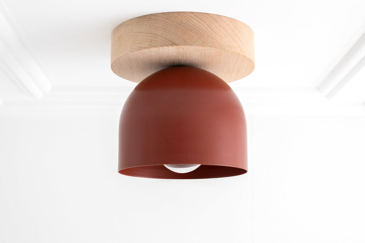 Flush mount ceiling light with brick red matte shade and natural beechwood base. - CEILING LIGHT MODEL NO. 1107