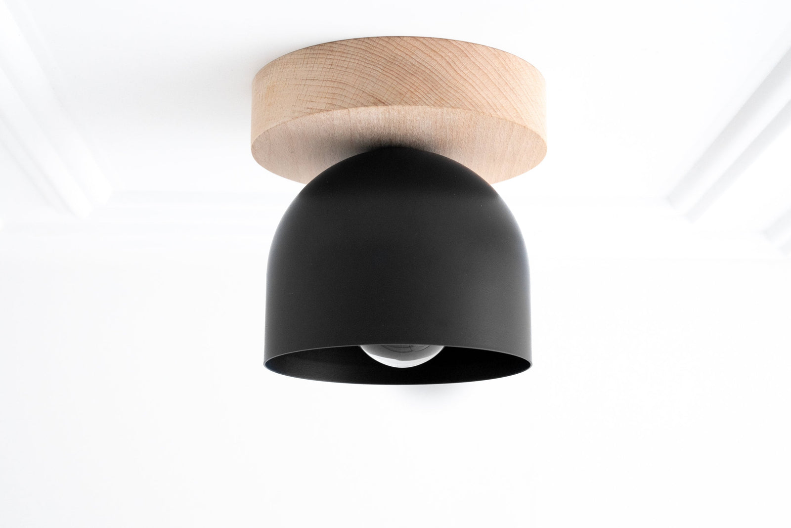 Flush mount ceiling light with black metal shade and natural beechwood base. - CEILING LIGHT MODEL NO. 1107