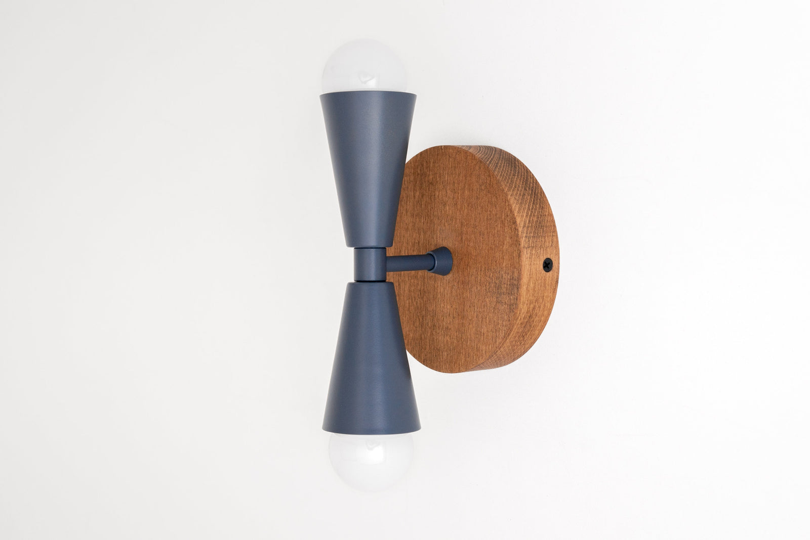 Wall sconce with oak wood base and matte gray double-cone metal shades with exposed bulbs. - SCONCE MODEL NO. 4717